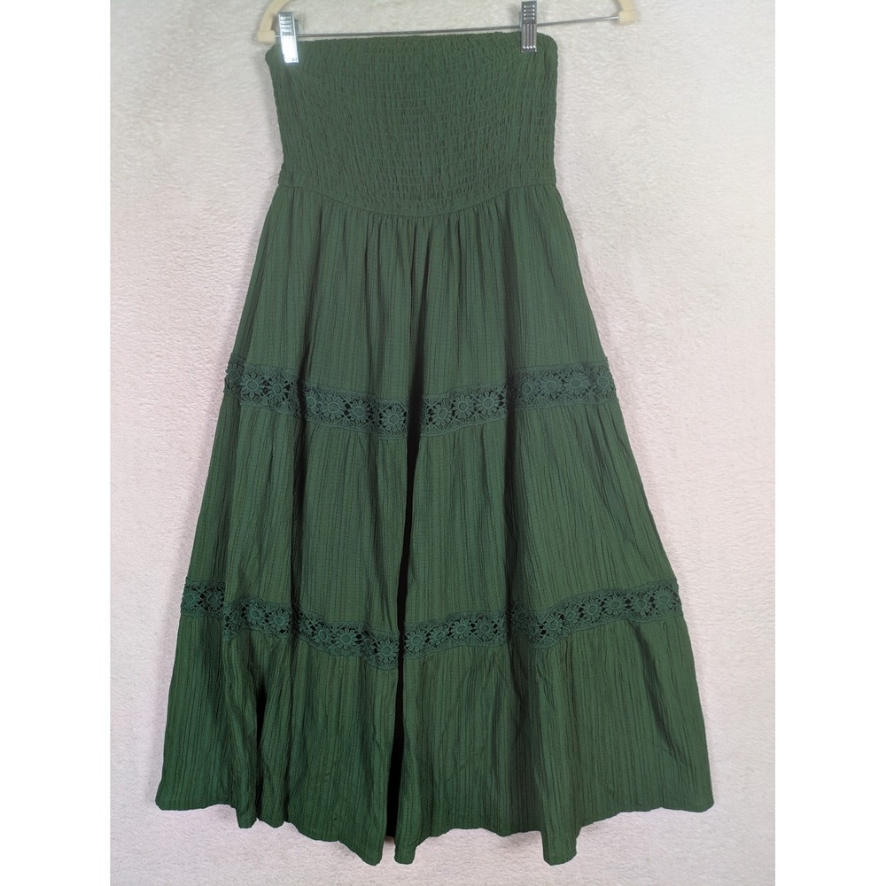 SHEIN Dress Women's M Green Smocked Strapless Tiered Crochet Lace Trim Maxi